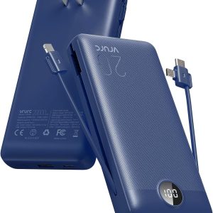 VRURC Portable Charger 20000mAh, Fast Charging Power Bank USB C,4 Output 2 Input Travel Essentials Charging Bank Equipped with LED Display,Built-in Wall Plug and Cables,Phone Charger Battery,Navy